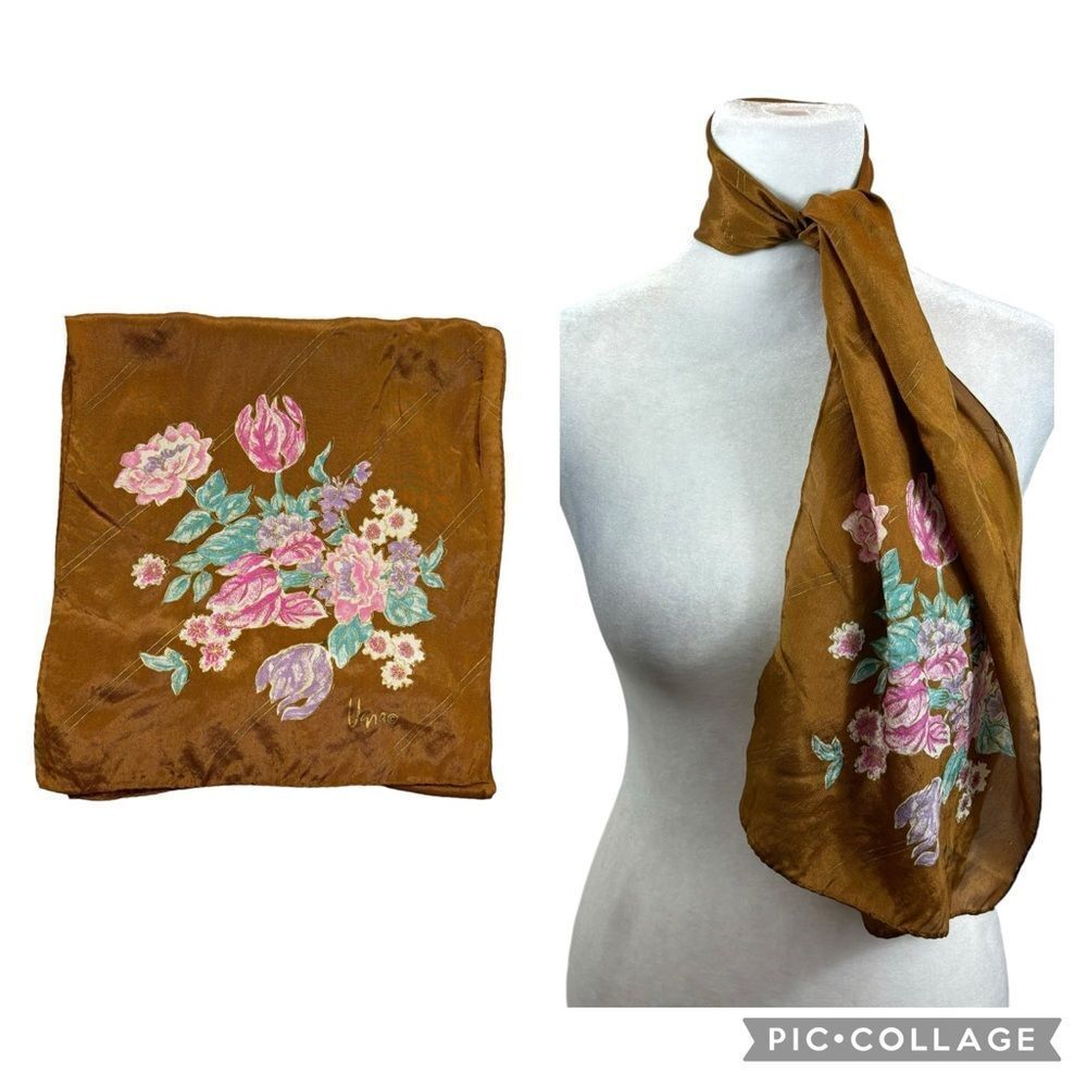 Vintage 1960’s Vera Neumann Silk Tout Soie Ling Bronze‎ Floral Scarf